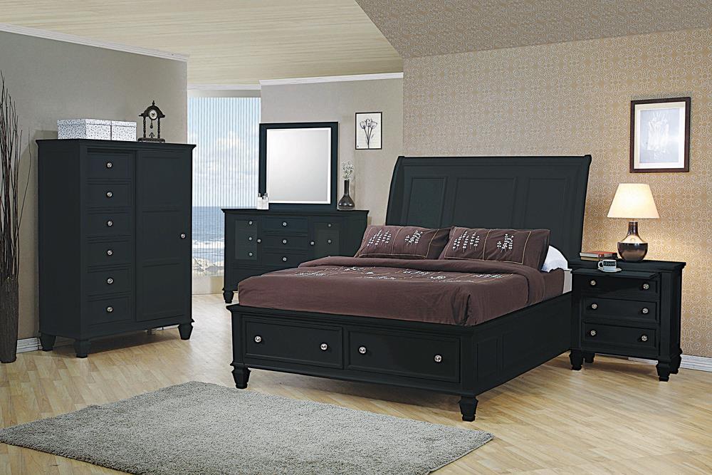 Sandy Beach Black Queen Sleigh Bed With Footboard Storage